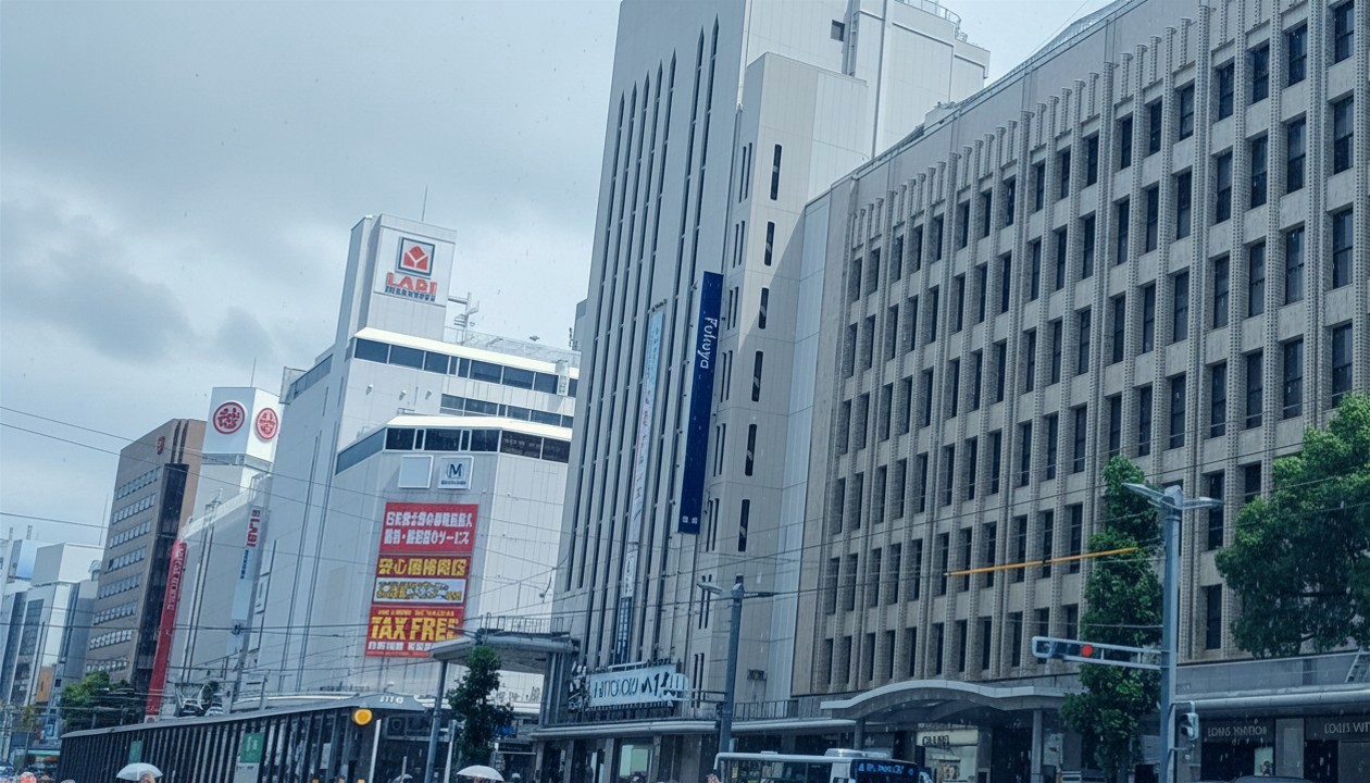 梅雨の広島市中心部の街並み。雨が降る中、高層ビルが並ぶ商業エリアの様子。